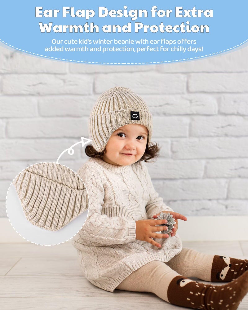 Alepo 3 Pack Baby Beanie Hats with Earflaps, 2 Size Baby Winter Hat for Newborn Infant Toddler Kids Children with Cute Smiley Face, Soft Warm Fleece Lined Knit Hat for Girls Boys-15 - Image 4
