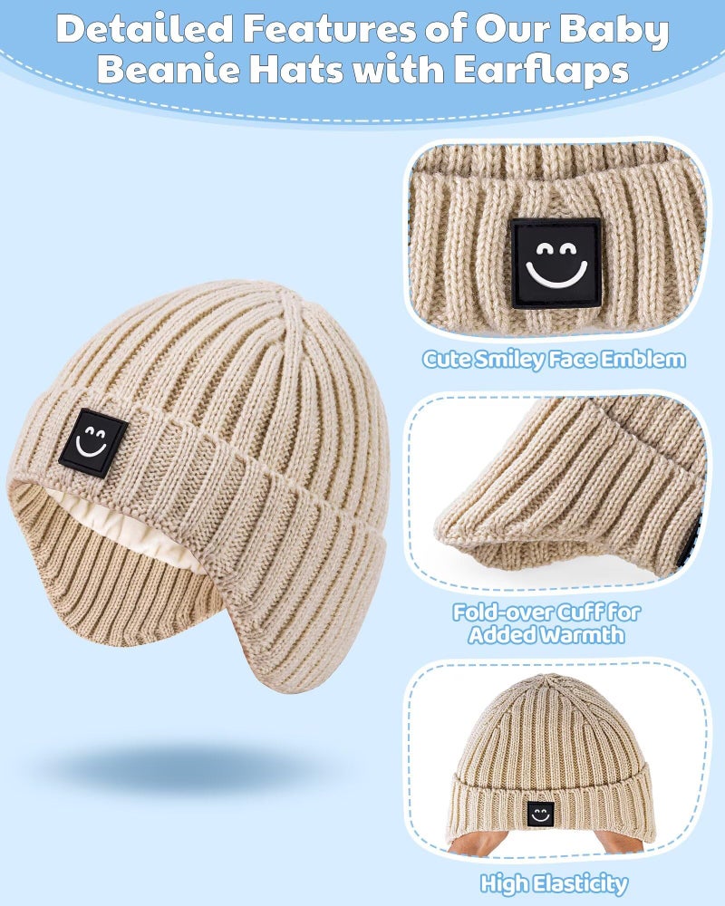 Alepo 3 Pack Baby Beanie Hats with Earflaps, 2 Size Baby Winter Hat for Newborn Infant Toddler Kids Children with Cute Smiley Face, Soft Warm Fleece Lined Knit Hat for Girls Boys-15 - Image 5