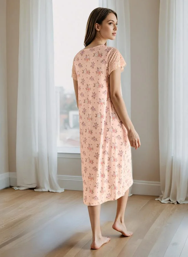 Splash FAV Floral Print V-neck Night Dress with Lace Sleeve