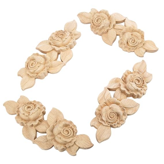 4Pcs Wood Carved Molding Corner Onlay Applique Rose with Stem Door Cabinet Decor Unpainted Dress Up Furniture  - Image 1