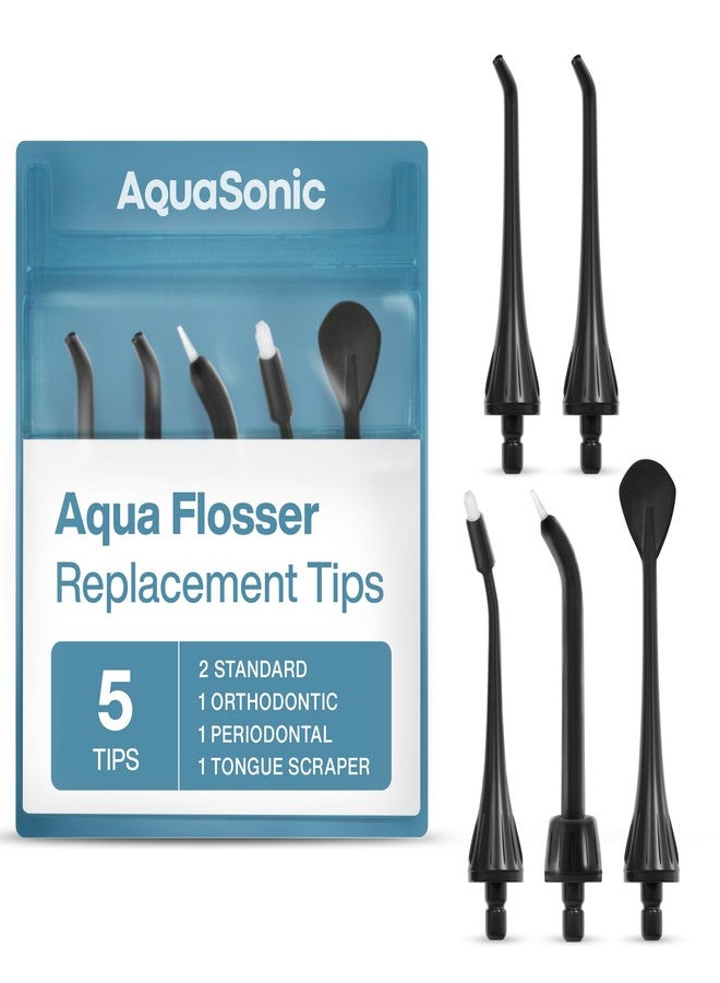 AquaSonic Aqua Flosser Replacement Tips - 5 Tips, 4 Types: Standard, Periodontal, Orthodontic & Tongue Scraper - Genuine, Authentic Parts (Black) - Image 1