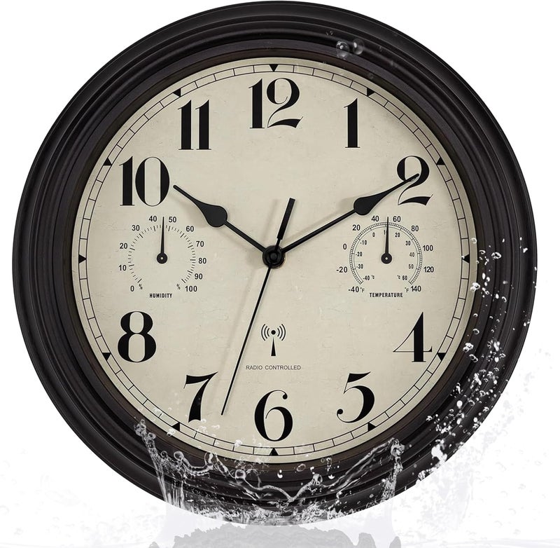 Foxtop Wireless Wall Clock, Indoor Outdoor Weatherproof Wall Clock with Temperature Display and Hygrometer, No Ticking Noise, Silent Retro Clock for Patio, Bathroom, Kitchen, Living Room, Home Decor - Image 1