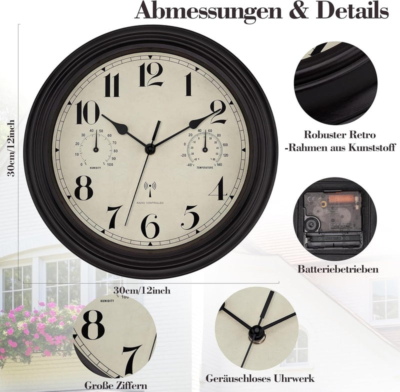 Foxtop Wireless Wall Clock, Indoor Outdoor Weatherproof Wall Clock with Temperature Display and Hygrometer, No Ticking Noise, Silent Retro Clock for Patio, Bathroom, Kitchen, Living Room, Home Decor - Image 4