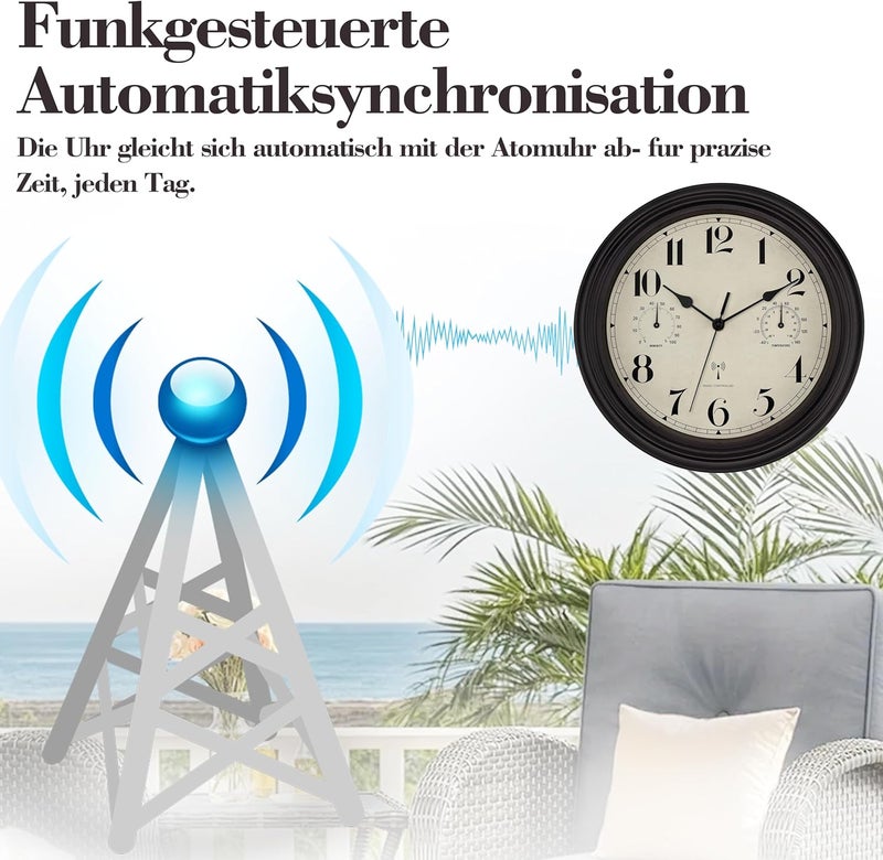 Foxtop Wireless Wall Clock, Indoor Outdoor Weatherproof Wall Clock with Temperature Display and Hygrometer, No Ticking Noise, Silent Retro Clock for Patio, Bathroom, Kitchen, Living Room, Home Decor - Image 2