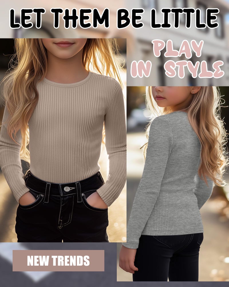 LessonZoo 4 Pack Girls Long Sleeve Shirts Ribbed Knit Cotton Crewneck Tops Slim Fit Soft Casual Kids Base Layer Undershirts(Black, Light Gray, White, Khaki,9-10 Years) - Image 5