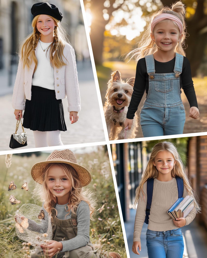 LessonZoo 4 Pack Girls Long Sleeve Shirts Ribbed Knit Cotton Crewneck Tops Slim Fit Soft Casual Kids Base Layer Undershirts(Black, Light Gray, White, Khaki,9-10 Years) - Image 2