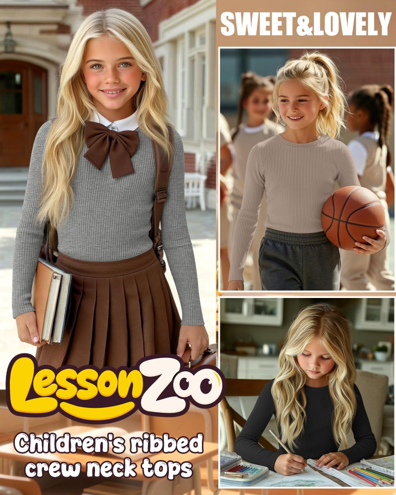 LessonZoo 4 Pack Girls Long Sleeve Shirts Ribbed Knit Cotton Crewneck Tops Slim Fit Soft Casual Kids Base Layer Undershirts(Black, Light Gray, White, Khaki,9-10 Years) - Image 4