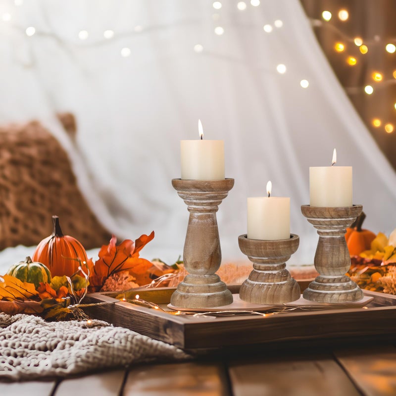 CEDARLUX Candle Holder for Pillar Candle Set of 3, Farmhouse Wood Candle Holder, Rustic Wooden Candle Stand, Vintage Small Wooden Candlestick HoldersDecorative for Living Room, Table Centerpiece (Brown) - Image 5