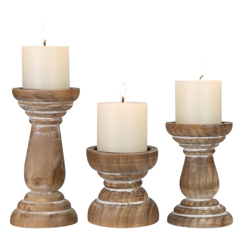 CEDARLUX Candle Holder for Pillar Candle Set of 3, Farmhouse Wood Candle Holder, Rustic Wooden Candle Stand, Vintage Small Wooden Candlestick HoldersDecorative for Living Room, Table Centerpiece (Brown) - Image 1