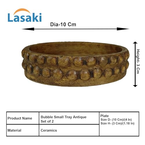 Lasaki Bubble Small Tray Antique Set of 2 | Round Ceramic (Plates/Saucers) for Pots, Planters, Flowers, Succulents | Decorative Garden Accessories | (H - 3 X D - 10.5 cm) Plants Not Included - Image 2