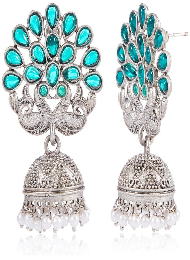 Karatcart Oxidised Silver Peacock Shape Green Stone Studded Jhumki Earrings for Women - Image 1