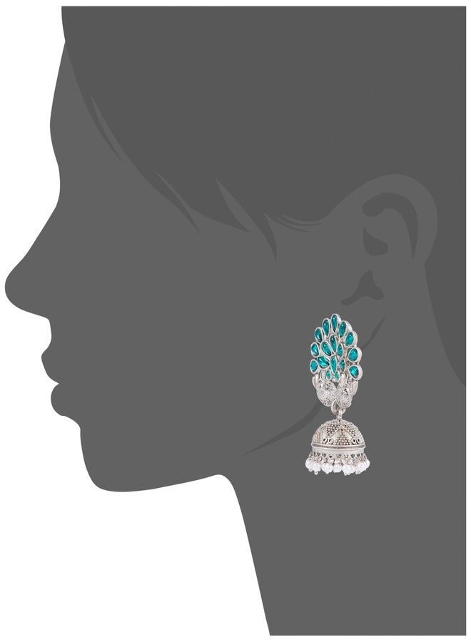 Karatcart Oxidised Silver Peacock Shape Green Stone Studded Jhumki Earrings for Women - Image 2