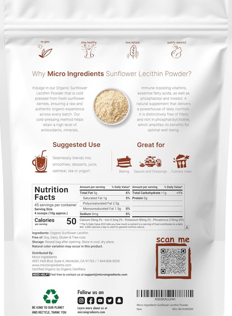 Micro Ingredients Sustainably US Grown, Organic Sunflower Lecithin Powder, 1 Pound, Sustainable Farmed, Cold Pressed, Rich in Phosphatidyl Choline and Protein, Making Liposomal Vitamin C, Lactation Supplement, Non-GMO  - Image 2