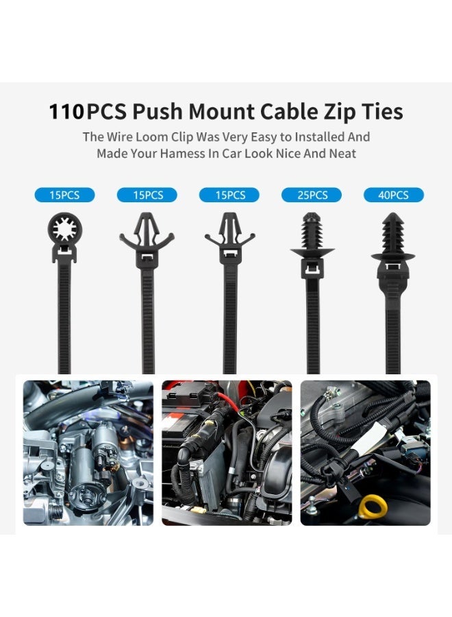 110Pcs Car Mount Wire Ties Black Zipper Nylon Push-In, Heavy Duty Self-Locking UV Resistant Cable Ties - For Automotive, Construction, Indoor Wire Bundling - Image 1