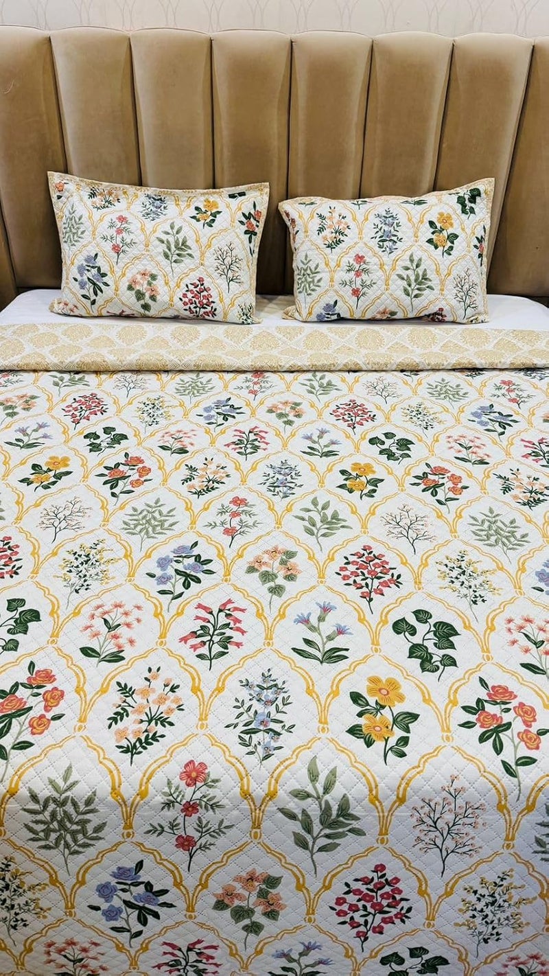 WO FLORA WO FLORA Premium Quilted Bedcover Ultrasonic Cotton Bedspread with 2 Full Size Quilt Pillow Covers Decorative Quilted Bedsheet with 90x100 Size Box Flower Leaves  - Image 2