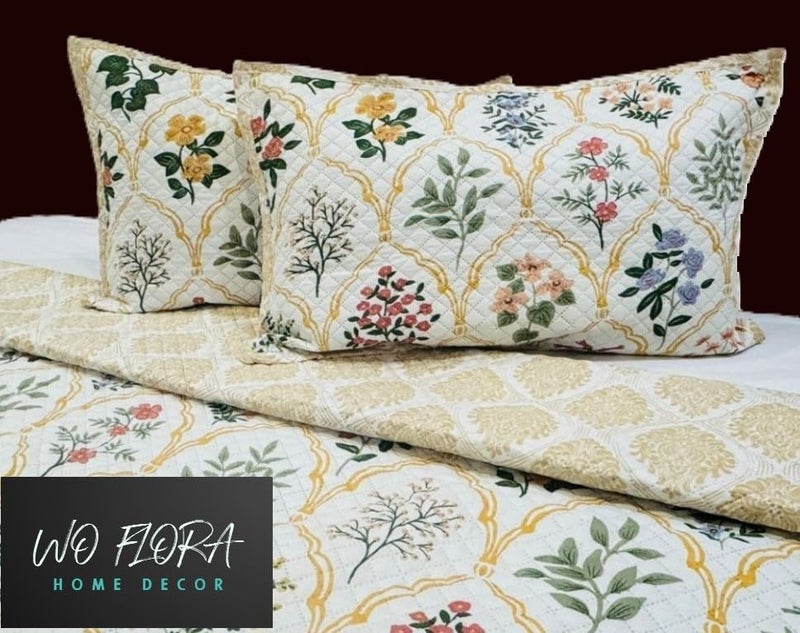 WO FLORA WO FLORA Premium Quilted Bedcover Ultrasonic Cotton Bedspread with 2 Full Size Quilt Pillow Covers Decorative Quilted Bedsheet with 90x100 Size Box Flower Leaves  - Image 4