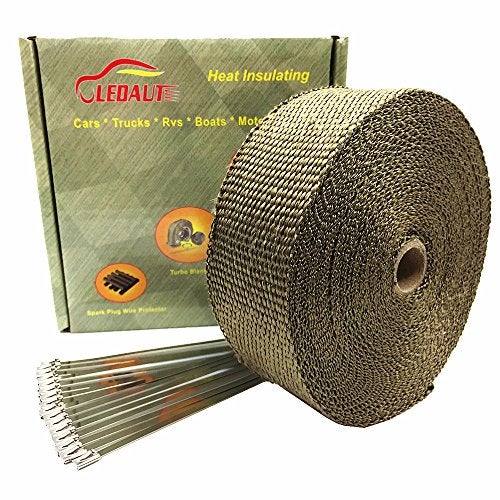 LEDAUT 2" x 50' Titanium Exhaust Heat Wrap Roll for Motorcycle Fiberglass Heat Shield Tape with Stainless Ties - Image 1