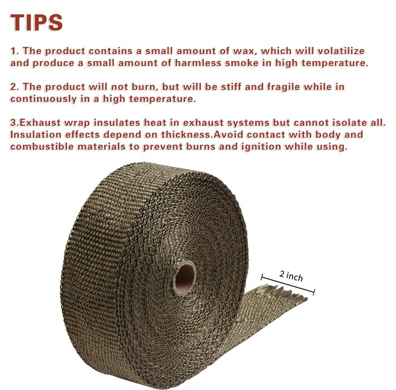 LEDAUT 2" x 50' Titanium Exhaust Heat Wrap Roll for Motorcycle Fiberglass Heat Shield Tape with Stainless Ties - Image 2