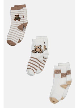 RBX Kids Boy 3 Pairs Stripe Crew Socks, Beige  - Image 1