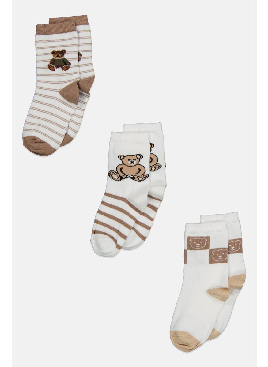 RBX - Kids Boy 3 Pairs Stripe Crew Socks, Beige - Image 1