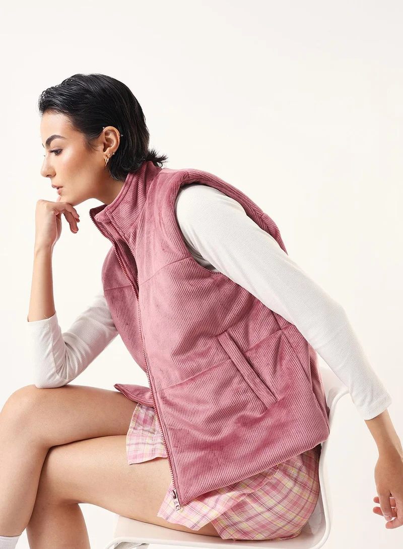 Women's Dusty Pink German Velvet Textured Gilet Regular Fit Jacket