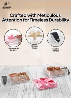 Life Smile Serving Tray Platter with Removable Dishes - Acrylic Spill Proof Countertop Decorative Tray With Leather Handle For Appetizer, Sweets, Candy, Nuts tray with Lid (3 Containers)  - Image 3