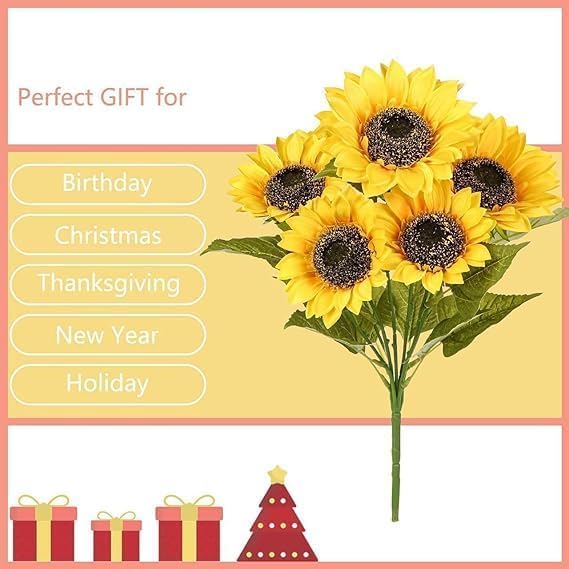 DZOPE Artificial Sunflower Bouquet Realistic 7Head Sunflower Bunch for Home Bedroom Living Room Office Restaurant Decor Waterproof Craft Supplies for Valentines Day Wedding Gifts - Image 3