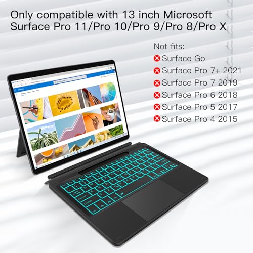 XIWMIX Type Cover for Microsoft Surface Pro 11/Pro 10/Pro 9/Pro 8/Pro X 13 Inch, Portable Bluetooth 5.1 Wireless 7-Color Backlit Surface Pro 11/10/9/8/X Keyboard with Touchpad & Pencil Holder - Black - Image 2