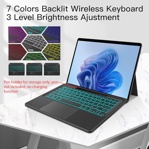 XIWMIX Type Cover for Microsoft Surface Pro 11/Pro 10/Pro 9/Pro 8/Pro X 13 Inch, Portable Bluetooth 5.1 Wireless 7-Color Backlit Surface Pro 11/10/9/8/X Keyboard with Touchpad & Pencil Holder - Black - Image 3