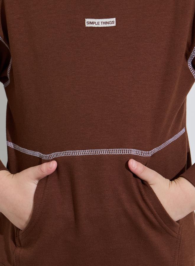 Styli Boys Brown Contrast Stitching Kangaroo Pocket Oversized Sweatshirt - Image 3