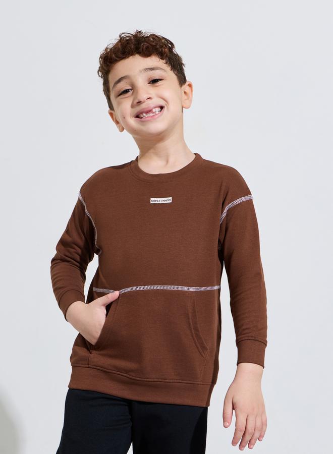 Styli Boys Brown Contrast Stitching Kangaroo Pocket Oversized Sweatshirt - Image 1