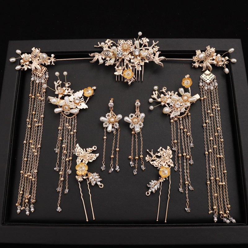 Hanfu Ancient Dress Bride Headwear Wedding Xiuhe Dress Chinese Ethnic Style Golden Tassel Hair Accessories Set Wedding Accessories Ear Hook suit Ear Hook suit 