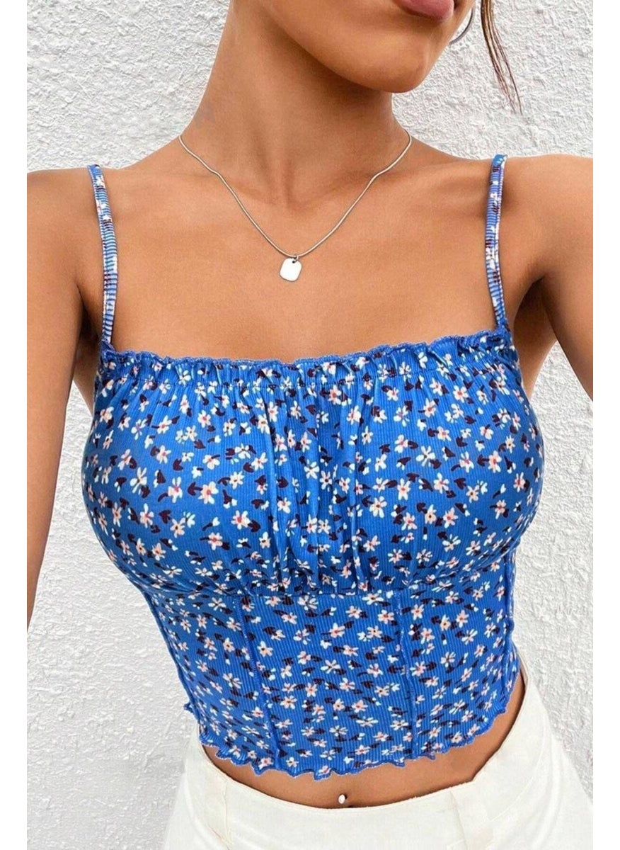 Bella Notte Women's Blue Printed Chest Detail Crop Blouse  - Image 1