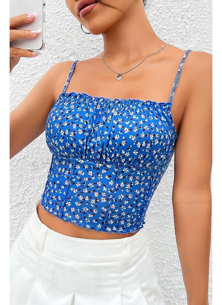 Bella Notte Women's Blue Printed Chest Detail Crop Blouse  - Image 2
