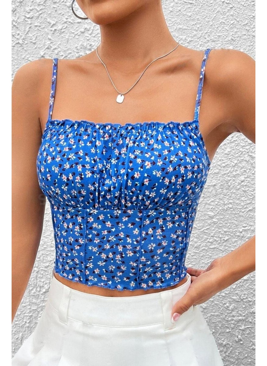 Bella Notte Women's Blue Printed Chest Detail Crop Blouse  - Image 3