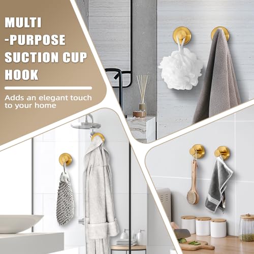 Fenas Suction Cup Hooks for Shower No-Drill Bathroom Hooks for Towels, Robes, Loofah Mountable on Bathroom Walls, Kitchen, Glass, Mirrors, Tile and Smooth,Non-Porous Surfaces (2 Pack, Brushed Gold) - Image 2
