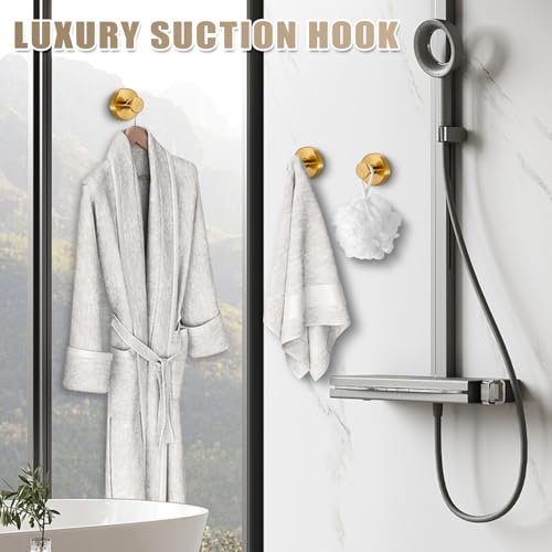 Fenas Suction Cup Hooks for Shower No-Drill Bathroom Hooks for Towels, Robes, Loofah Mountable on Bathroom Walls, Kitchen, Glass, Mirrors, Tile and Smooth,Non-Porous Surfaces (2 Pack, Brushed Gold) - Image 5