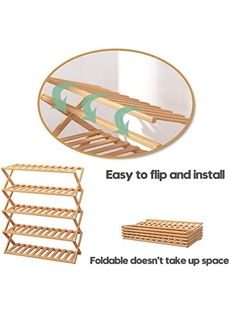 GT-Wheel Multi-Tier Shoe Rack, Foldable Bamboo Shoe Organizer Rack Multifunctional Storage Free Standing Shoe Shelf,6 Tier (brown 70cm) - Image 2