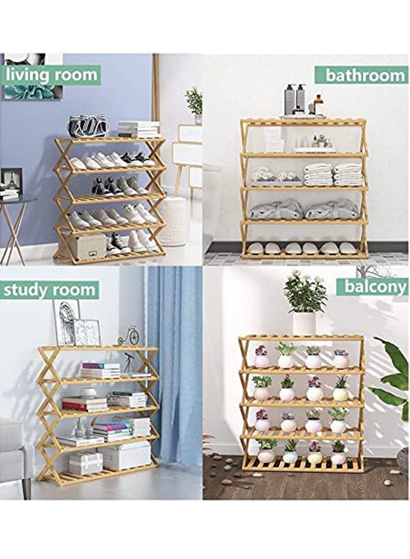 GT-Wheel Multi-Tier Shoe Rack, Foldable Bamboo Shoe Organizer Rack Multifunctional Storage Free Standing Shoe Shelf,6 Tier (brown 70cm) - Image 4