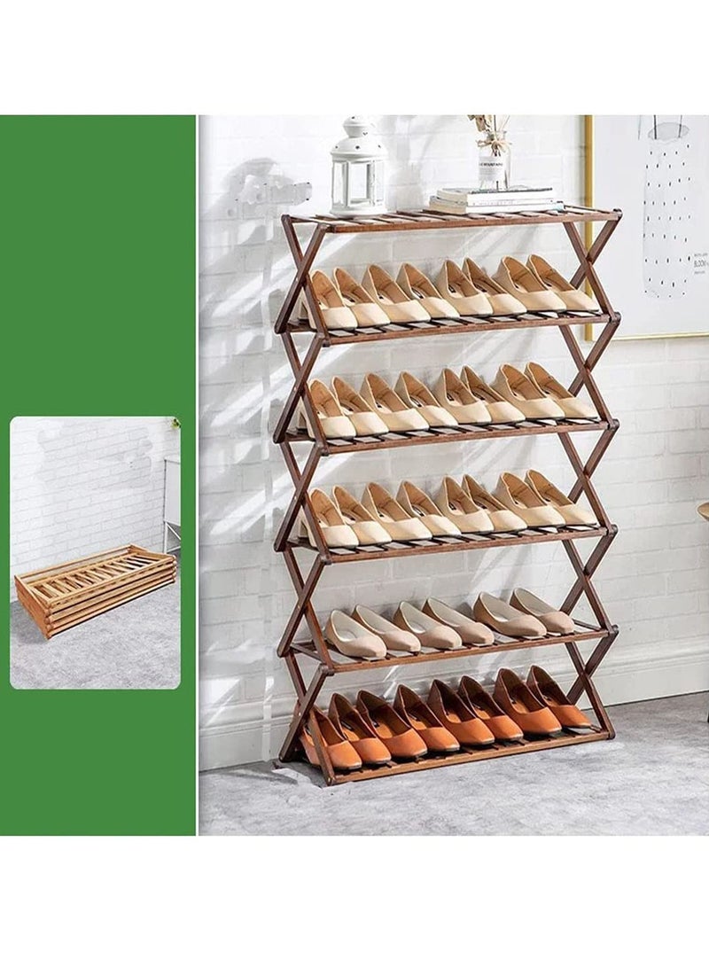 GT-Wheel Multi-Tier Shoe Rack, Foldable Bamboo Shoe Organizer Rack Multifunctional Storage Free Standing Shoe Shelf,6 Tier (brown 70cm) - Image 1