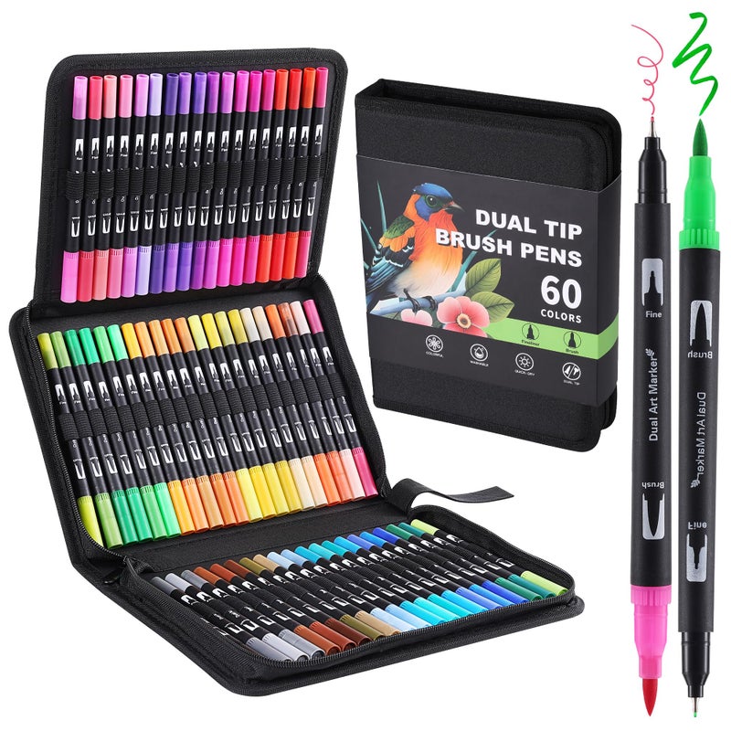 nauets 60 Colors Brush & Fine Dual Tip Watercolor Markers for Adult Coloring Books No Bleeding Professional Paint Pens For Drawing Note taking Planner Calligraphy Journaling Card Making Art Supplies - Image 1