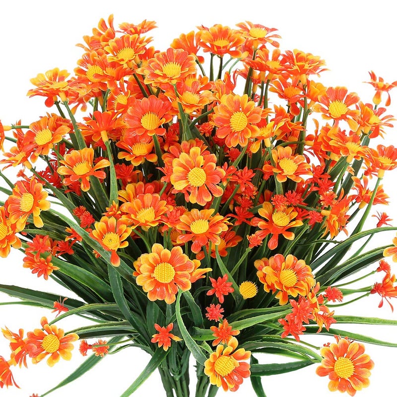 TEMCHY Artificial Daisies Flowers Outdoor UV Resistant 4 Bundles Fake Foliage Greenery Faux Plants Shrubs Plastic Bushes for Window Box Hanging Planter Farmhouse Indoor Outside DecorOrange Red