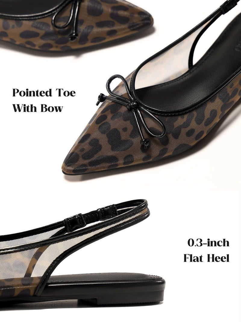Coutgo Womens Slingback Flats Bow Closed Pointed Toe Mesh Ballet Flats Low Heel Sandals Dress Shoes, Leopard, Size 8.5 - Image 3