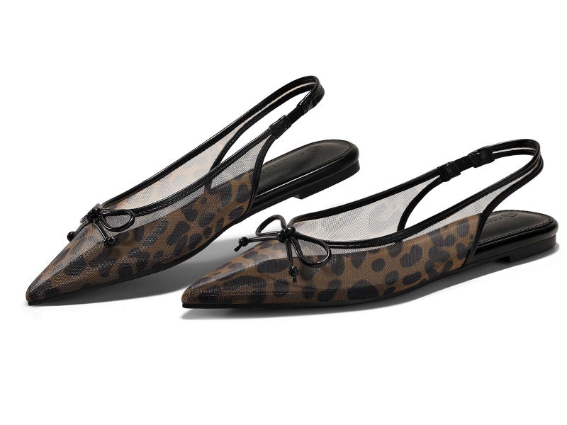 Coutgo Womens Slingback Flats Bow Closed Pointed Toe Mesh Ballet Flats Low Heel Sandals Dress Shoes, Leopard, Size 8.5 - Image 1
