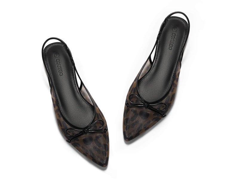 Coutgo Womens Slingback Flats Bow Closed Pointed Toe Mesh Ballet Flats Low Heel Sandals Dress Shoes, Leopard, Size 8.5 - Image 5