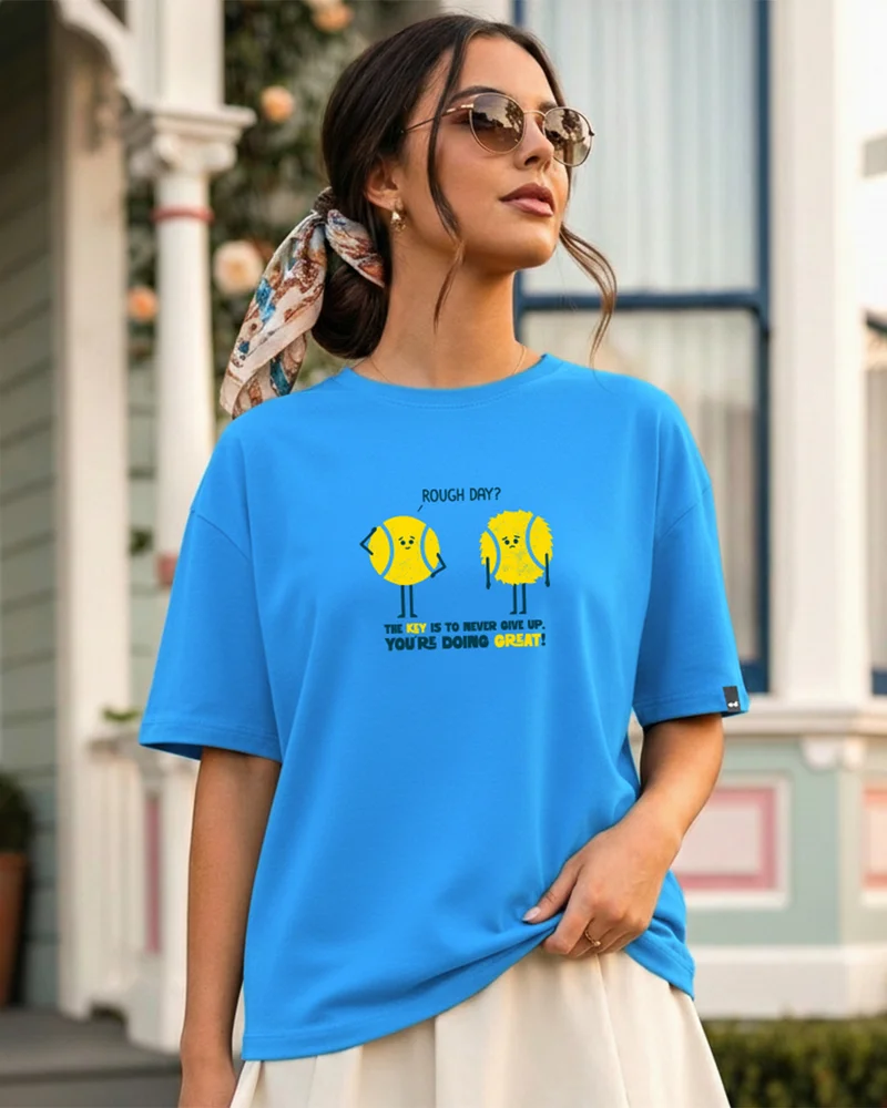 بيواكوف Women's Azure Blue Doing Great Graphic Printed Oversized T-shirt