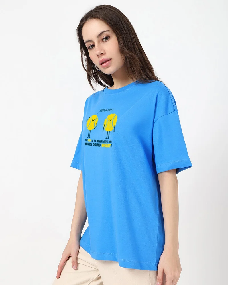 بيواكوف Women's Azure Blue Doing Great Graphic Printed Oversized T-shirt