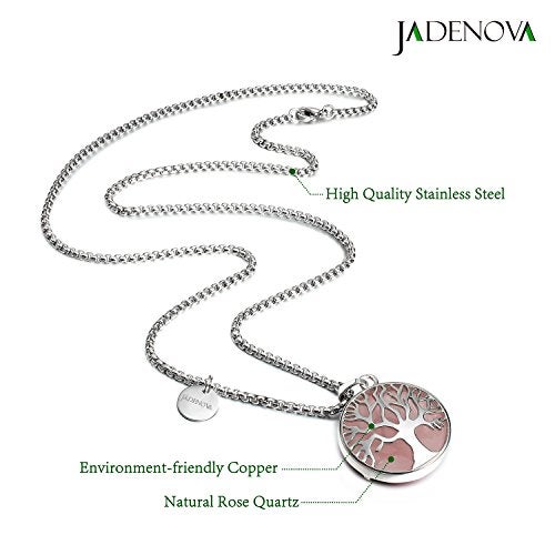 JADENOVA Family Tree Necklace Tree of Life Natural Rose Quartz Gemstone Crystal Pendant Necklace 24 Inches Stainless Steel Chain - Image 2