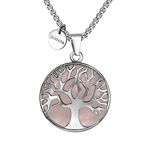 JADENOVA Family Tree Necklace Tree of Life Natural Rose Quartz Gemstone Crystal Pendant Necklace 24 Inches Stainless Steel Chain - Image 1