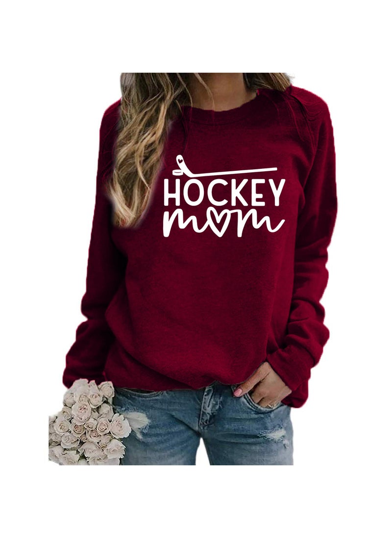 Generic - Hockey Mom Printed Crewneck Sweatshirt Oversized wine red (white font) - Image 1